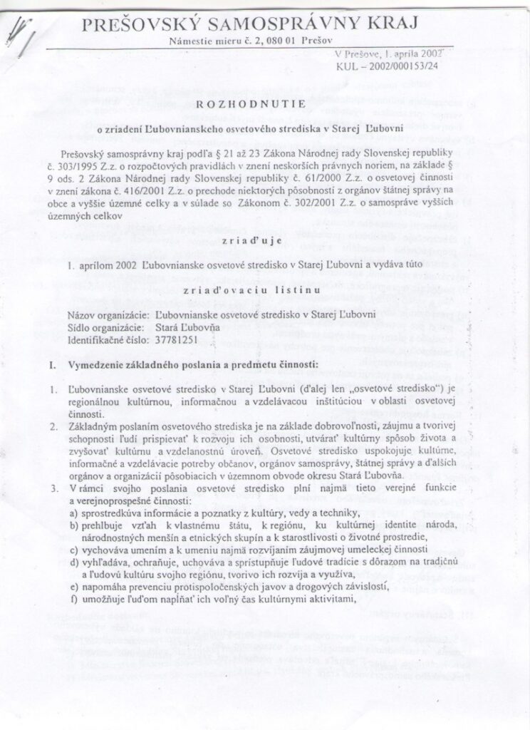 Zriaďovacia listina, strana 1